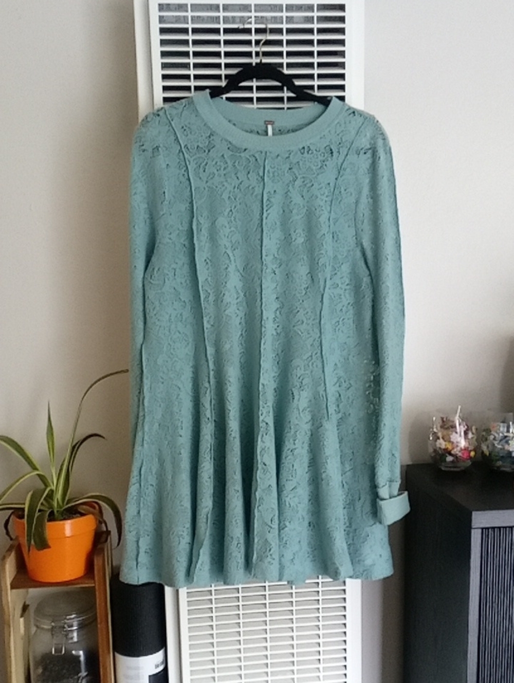 Free People Lace Long-Sleeve Swing Dress in Seafoam